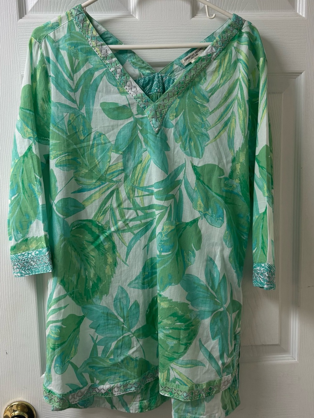 Resort Wear Tropical Leaf Tunic Blouse Beaded Boho Coastal Blouse Green/White